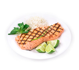 Roasted salmon fillets with rice.