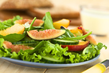 Fig, nectarine, spinach, cucumber, lettuce salad