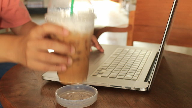 Freelance Working With Laptop At Espresso Shop, stock footage