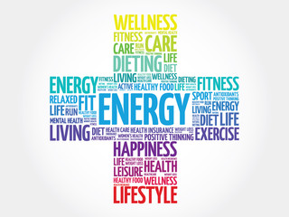 ENERGY word cloud, health cross concept