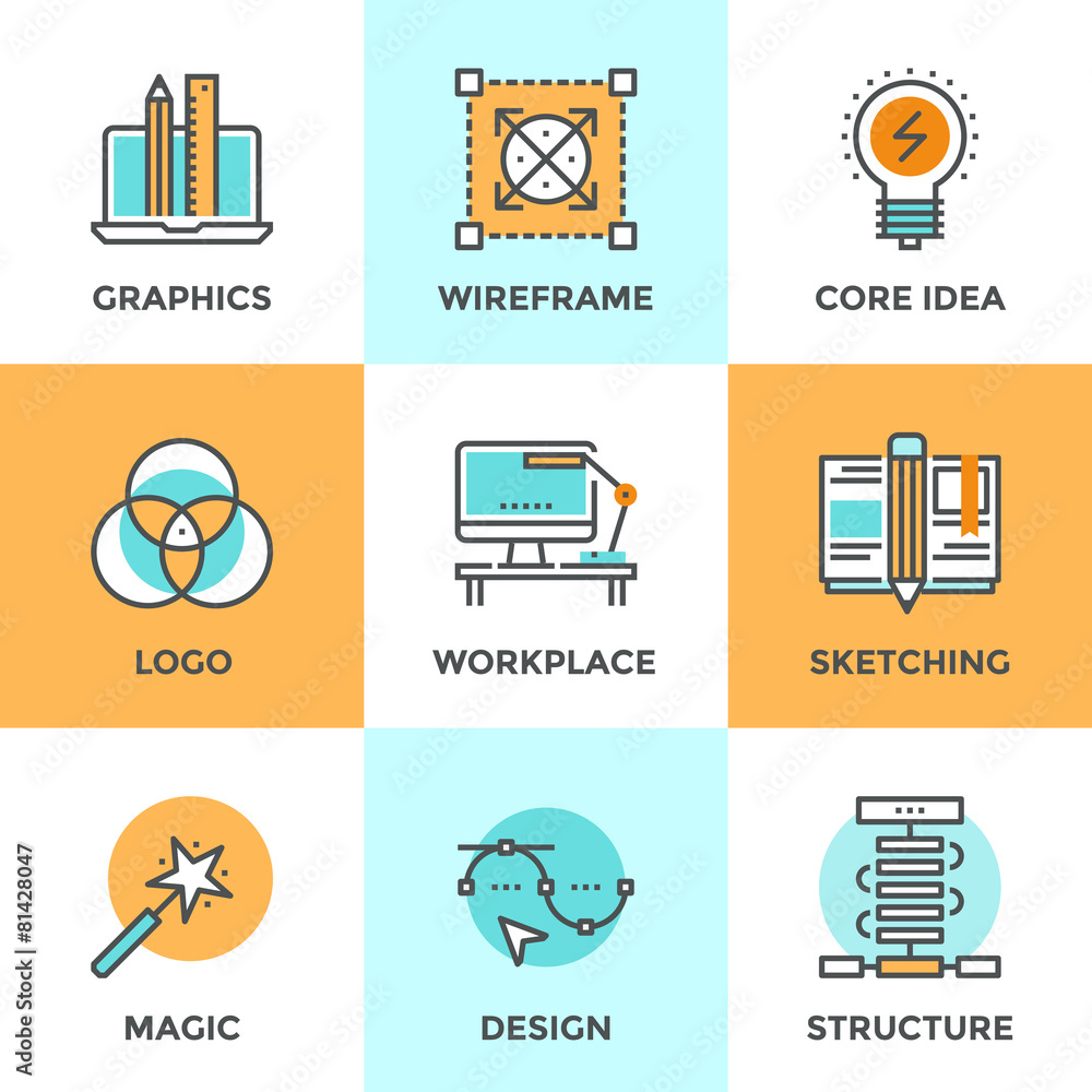 Aufkleber Design development line icons set