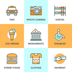 City travel elements line icons set