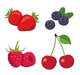 Summer berries. Strawberry, blueberry, raspberry, cherry.