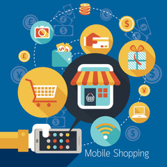 Hand with Smartphone connect Online Shop