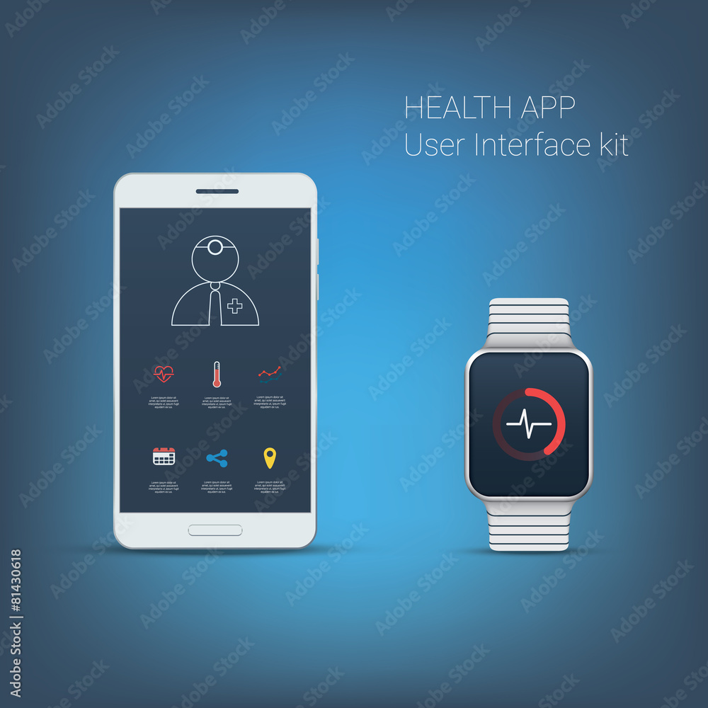 Poster health application user interface kit. icons for smartphone and
