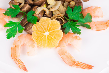 Shrimp salad with mushrooms close up.