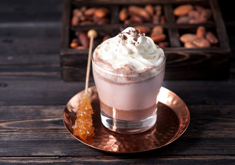 cocoa drink or hot chocolate with whipped cream and cocoa beans