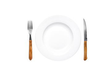 Empty plate old rustic fork knife isolated on white background