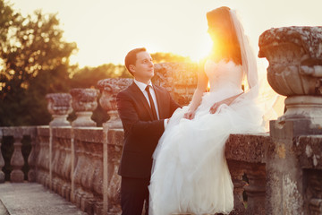 two couple after wedding in tne park near the castle
