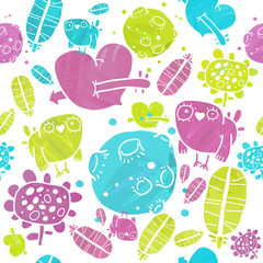 Vector Watercolor Pattern with Birds Hearts and Moons