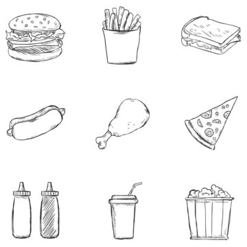 Vector Set of Sketch Fast Food Icons.