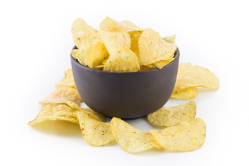 Prepared potato chips snack closeup view