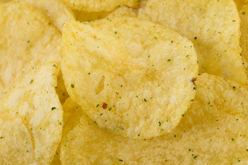 Prepared potato chips snack closeup view