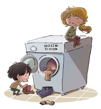 ni&ntilde;os con lavadora