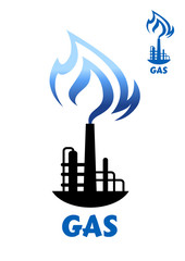 Gas production plant silhouette with blue flame