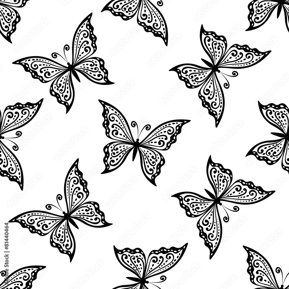 Poster outline flying butterflies seamless pattern
