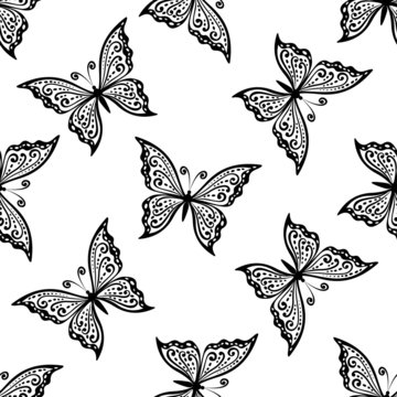 Outline flying butterflies seamless pattern