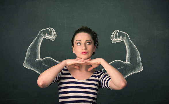 woman with sketched strong and muscled arms