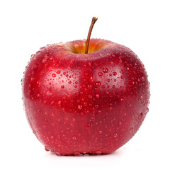red apple in drops of water on a white background