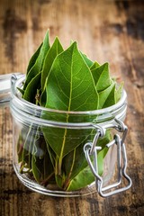 Fresh bay leaves in a glass jar on a wooden background