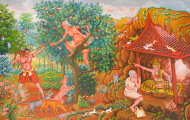 Mural mythology buddhist religion on wall in Thai temple