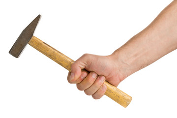 Man holding hammer isolated on white