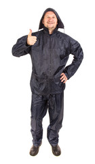 Man in black rain coat.