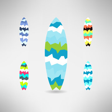 Geometrical surfboard designs set. Surfing board icon. Vector