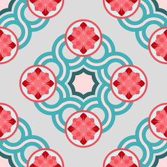 Seamless pattern with crossing circles and floral rosettes