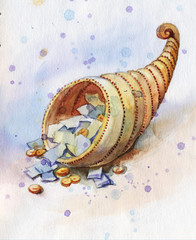 watercolor cornucopia with money