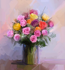 Still life roses bouquet  flowers. Oil painting © nongkran_ch