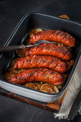 Baked sausages.