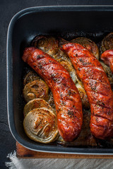 Baked sausages.