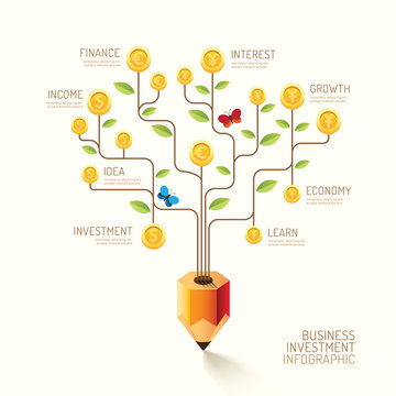 Infographic Business Pencil Tree And Coins Flat Line Idea. Vecto