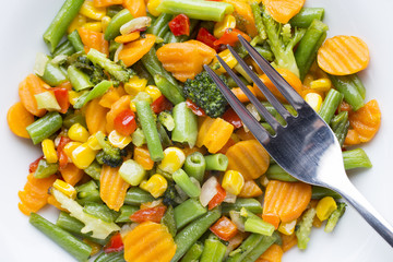 Fried vegetables  in a white plate.