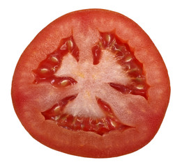 Tomato slice isolated on white with clipping path closeup