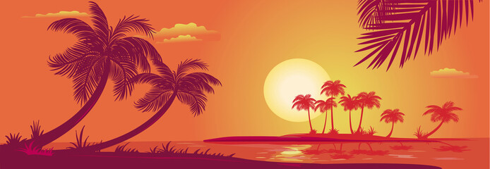 Fototapeta na wymiar Sunset with palms at sea