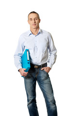 Handsome man holding blue binder