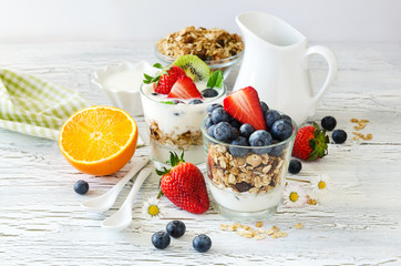 Healthy breakfast with muesli in glass, fresh berries and yogurt