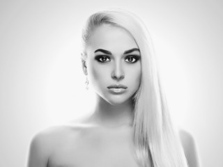 Beautiful Face of Young Woman.Blond girl.monochrome portrait