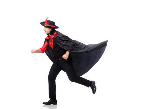 Young man in carnival coat isolated on white
