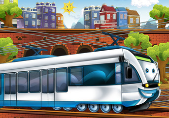 Fototapeta premium Cartoon fast train - train station - illustration