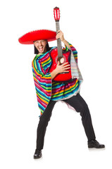 Mexican in vivid poncho holding guitar isolated on white