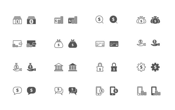 Money outline and filled icon set