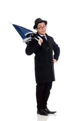 Young man with umbrella isolated on white