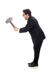 Business man holding hammer isolated on white