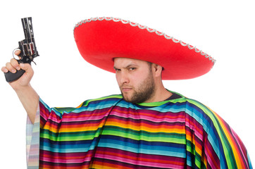 Funny mexican holding pistol isolated on white