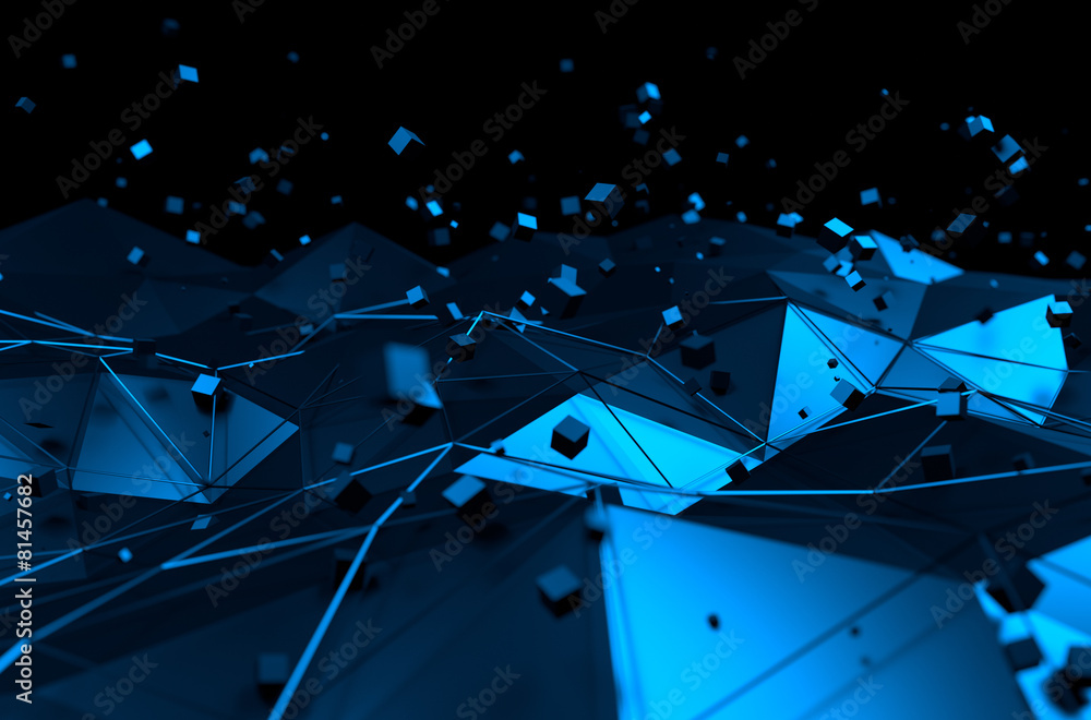 Poster abstract 3d rendering of blue surface with chaotic cubes.