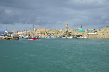 Fototapeta premium View from the sea side on the walls of the old Acre port fortress 