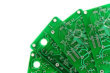 A lot of green PCB on a white background